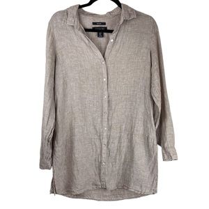 Tahari 100% Linen Tunic Button Down Top Sz Small Beige Tan Lagenlook Side Slits